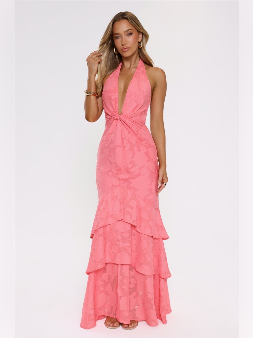 Hello Molly Take a Chance Coral Halter Twist Tiered Maxi Dress size XS NEW